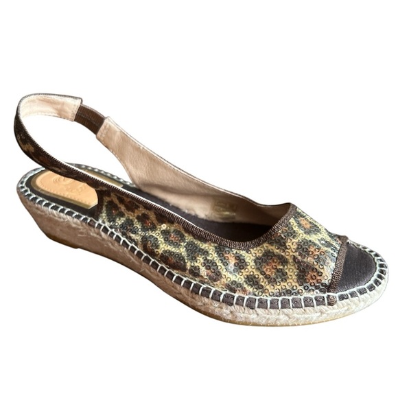 Vidorreta Jessy Espadrille Wedge Sandals Leopard Sequin Slingback Tan 39 NWT - Picture 1 of 6